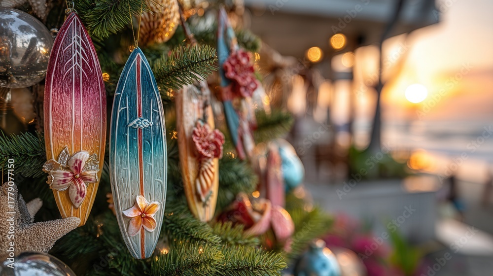 Fototapeta premium christmas vacation on the beach concept. Decorated Christmas tree with surfboards and sunset background.