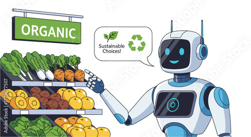 An illustration shows a friendly robot assisting shoppers with sustainable choices in the organic produce section of a modern grocery store, promoting eco-friendly shopping.