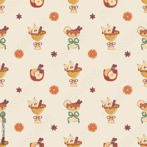 Vector drink seamless pattern with hand drawn mulled wine, hot cocktails, star anise, and citrus slices. Warm beverages with pear, apple, cinnamon sticks. Cozy winter or fall holiday background.