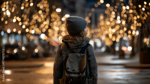 Fototapeta Naklejka Na Ścianę i Meble -  A homeless child with a backpack, staring out at the Christmas lights on a street, while holding a small toy, feeling the weight of the holiday season. As a result of winter's cold, harshness, warmth