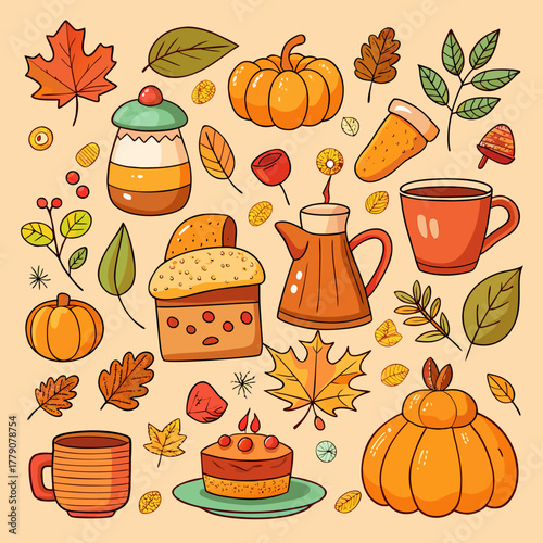 Cute Hand Drawn Vintage Fall Elements Set — Crayon Doodle Autumn Vector with Pumpkins, Leaves, and Cozy Objects