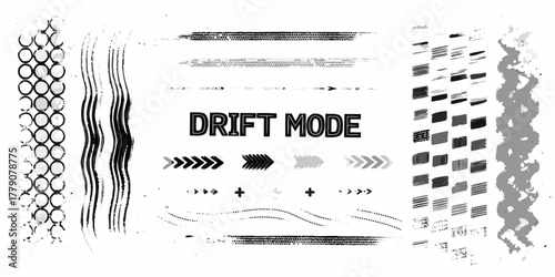 Collection of grunge tire tracks and abstract brush stroke elements for automotive design and racing graphics