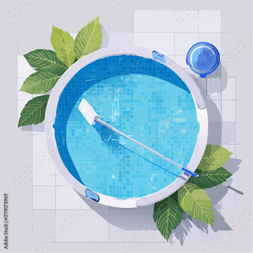 Above view of inflatable pool with cleaning tool