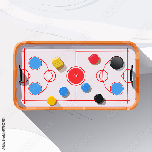 Air hockey table with pucks and players