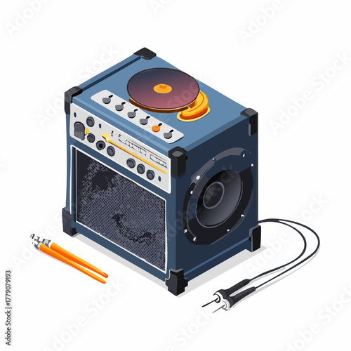 Amplifier with turntable and drumsticks