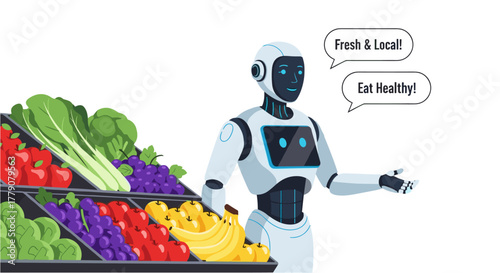 A friendly robot promotes healthy eating and fresh, local produce at a vibrant and colorful grocery store display with various fruits and vegetables.