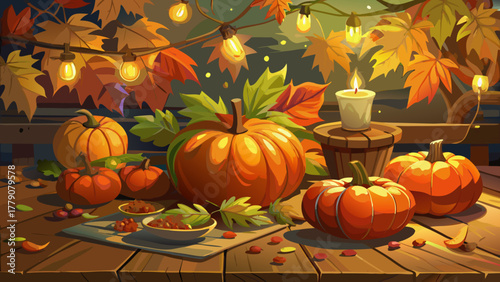 Very beautiful close-up of autumn leaves and small pumpkins on wooden table, realistic fall atmosphere with warm light.