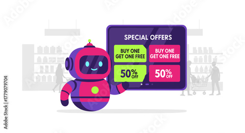 A friendly robot presents special offers and discounts, enhancing the shopping experience with buy-one-get-one-free deals and 50% off promotions.