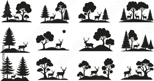 Deer silhouette forest scene, wildlife nature landscape, woodland animals with trees, hills, coniferous and deciduous forest, cad drawing flat vector illustration