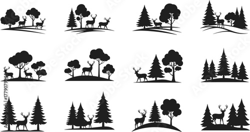 Deer silhouette wildlife forest scene, woodland animals with trees and hills, nature landscape illustration, hunting stag herd, cad drawing flat vector illustration