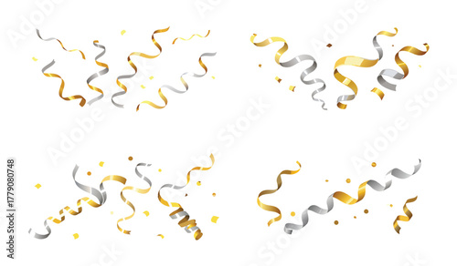 Celebratory Gold and Silver Confetti and Streamers on White Background for Special Events