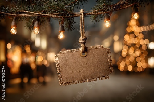 Sign hanging from a Christmas tree with lights in the background. The sign is hanging from a rope and is made of brown material