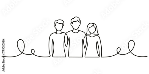 Continuous line drawing of three diverse people united together