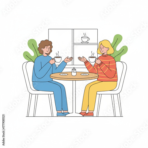 Retired Senior Couple Enjoying Coffee and Conversation Illustration
