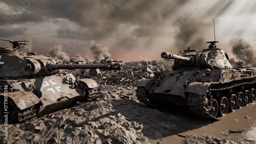 World War II Tank Battle Aftermath - The video shows the aftermath of a World War II tank battle, with two German tanks prominently displayed amidst the wreckage.
