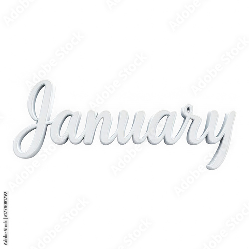 White Cursive Script January with 3D Quality isolated on transparent background. Elegant Raised Lettering. Clean Modern Refined Typography.