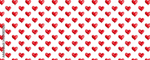 Pattern with watercolor red hearts. Romantic background with red hand drawn hearts on a white background. Seamless pattern for romantic designs, wrapping paper. Happy Valentine's Day.