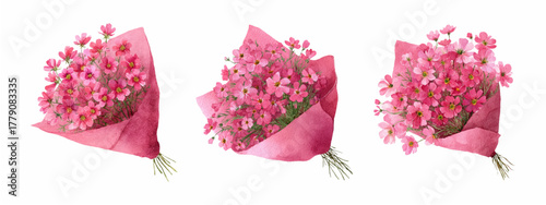 Watercolor set of pink flowers. Romantic small flowers in pink packaging. floral bouquets of flowers for gift and prize. Romantic floral composition collection for wedding, birthday, anniversary.