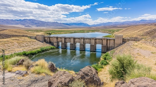 Wallpaper Mural Concrete dam spanning a wide river, mountains in the backdrop, cloudy skies Torontodigital.ca