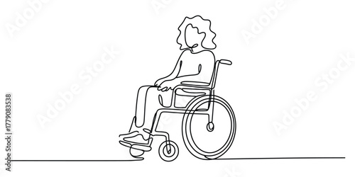 Continuous line drawing of person in a wheelchair, accessibility art.