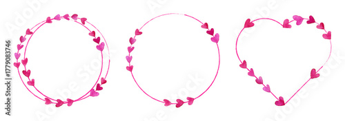 Set of frames in the shape of pink hearts. Watercolor romantic wreaths in the shape of circles and hearts, decorated with small pink and purple hearts. Romantic frames for Valentine's Day.