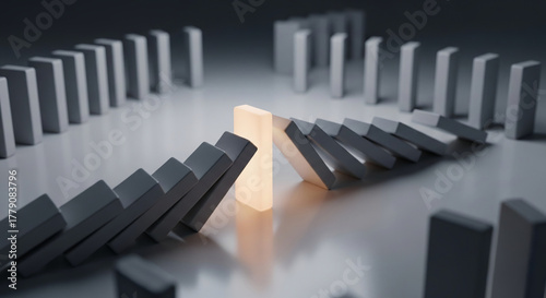 Dominos falling toward an illuminated block, symbolizing interruption of a process, stopping the chain reaction, or a breakthrough moment