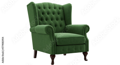Bild auf Leinwand Elegant green wingback armchair isolated, classic tufted accent chair with rolle