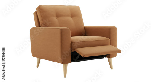 Comfortable caramel-colored recliner chair isolated on a clean backdrop, modern armchair with extended footrest for relaxation and home decor