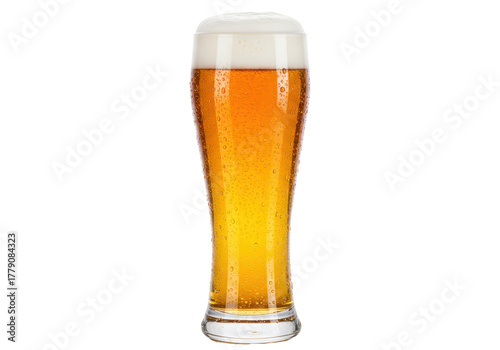 Refreshing wheat beer in a tall glass isolated, golden color beer with foam head and condensation drops on glass