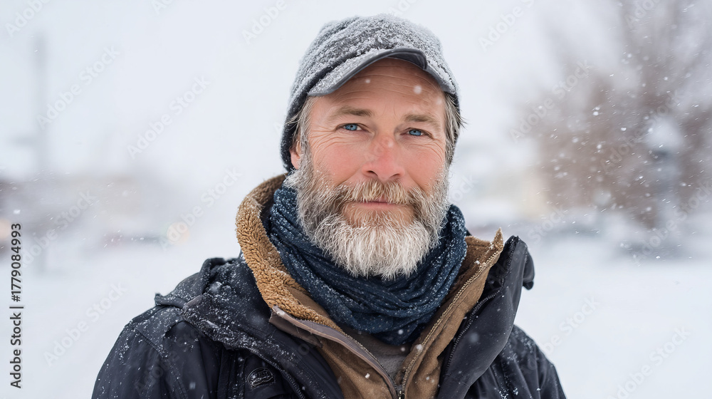 Fototapeta premium A young man smiles in a snowy winter forest. A guy walks outside in a park. Portrait of a man in the fresh air in winter. An active lifestyle in winter during vacation or holidays.