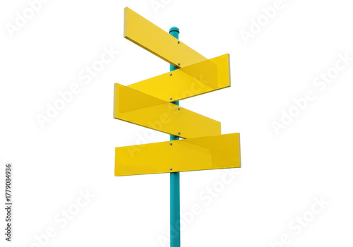 Directional signpost with four yellow signs isolated on transparent background, wayfinding signage PNG for navigation and information