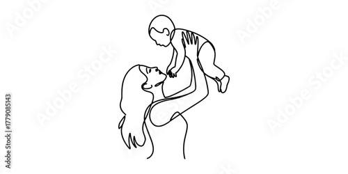 Mother holding baby up continuous line drawing art isolated