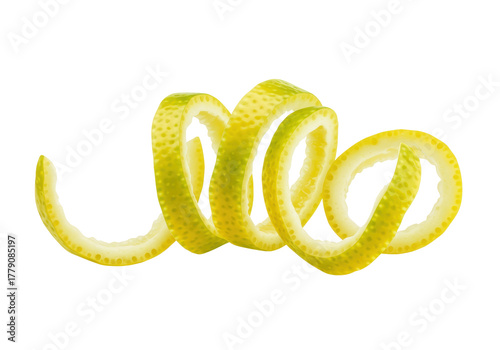 Lemon twist isolated on transparent background, yellow citrus peel garnish for cocktails and culinary decoration PNG