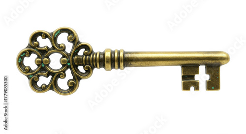 Foto Antique brass skeleton key isolated on transparent background, vintage ornate ke