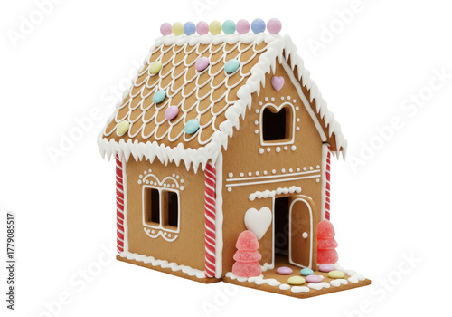 Gingerbread house isolated PNG, decorated with candy canes and gumdrops for Christmas holiday baking and festive season