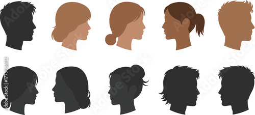 Human head profile silhouette collection, male and female vector set, hairstyle design illustration, side view faces, cad drawing flat vector illustration