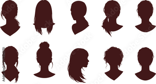 Human head silhouette with hairstyles collection, fashion vector illustration set, hairstyle design artwork, beauty concept, cad drawing flat vector illustration