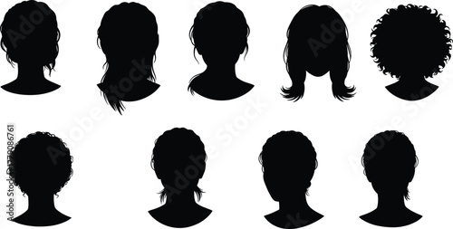 Human head silhouette with hairstyles collection, fashion vector illustration set, hairstyle design artwork, beauty concept, cad drawing flat vector illustration