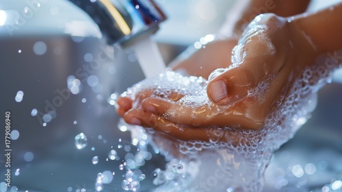National Handwashing Awareness Week. Close-up shot of diverse hands being washed under running water with soap bubbles, water droplets catching light, modern bathroom sink