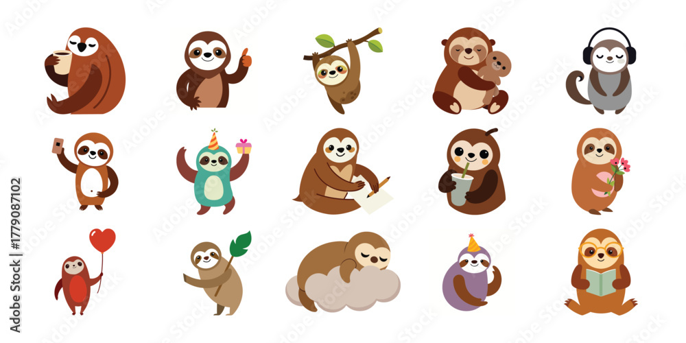 Naklejka premium Collection of cute cartoon sloths in various poses and activities for childrens designs