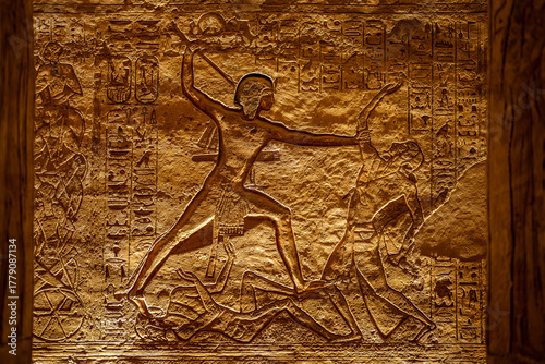 Golden-lit wall relief showing Pharaoh in battle, Abu Simbel, Egypt