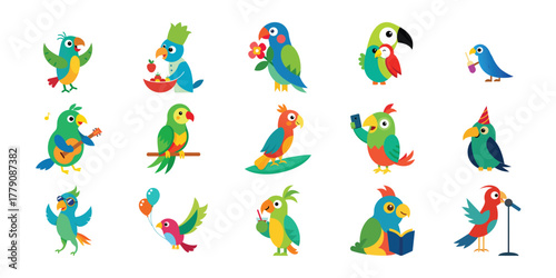 Collection of diverse cartoon parrots with vibrant plumage in various playful poses and expressions