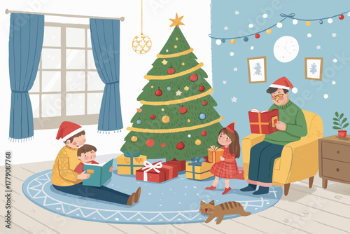Happy family celebrating Christmas at home. Parents and children reading a book and opening gifts in a cozy living room with a decorated Christmas tree.