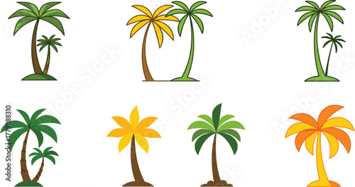 Palm tree colorful vector set, tropical beach illustration collection, exotic island design, summer holiday artwork, coastal paradise art, cad drawing flat vector illustration