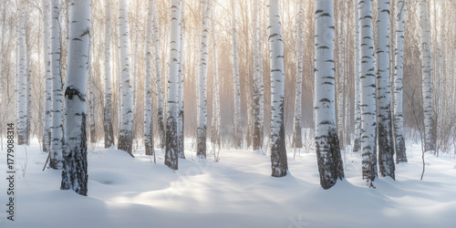 Misty and snowy birch forest in winter.