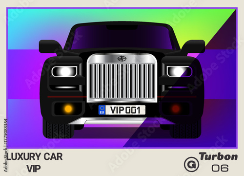 Vector collectible card, calendar or insert. Cartoon black modern luxury car. VIP automobile. Toon city transport. Violet frame. Number 6