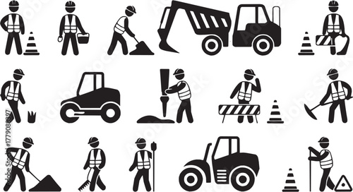 Construction vehicles and workers icons set. Excavator, bulldozer, dump truck, engineer, tools, safety, building, development, heavy machinery, industrial work, vector design