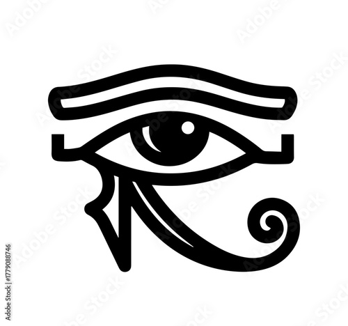 A minimalist black vector illustration of the Eye of Horus, an ancient Egyptian symbol of protection, royal power, and good health, isolated on a white background
