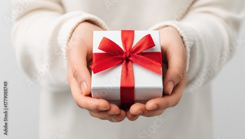 Hands holding white box with red bow on it