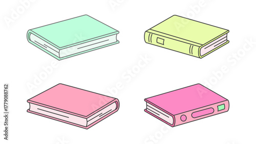 Set of pastel books in clean 2x2 grid layout, featuring soft tones and minimal design. Perfect for school visuals, reading themes, and academic branding.